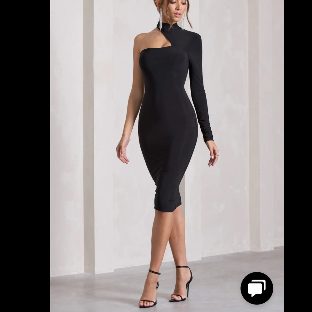 Halter-neck one sleeve midi dress